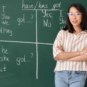 A female Teacher showing students the benefits of Standardized Testing has on Grammar Skills